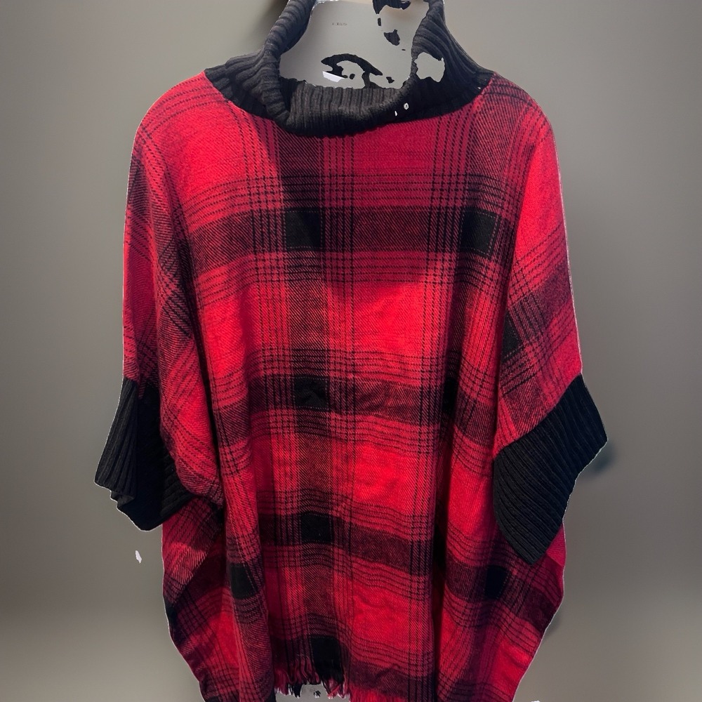 Womens Black and Red Checked Poncho by Sonoma`One-Size NWT Fringe MSRP $68.00